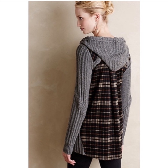 Anthro Moth Derry Plaid & Cable Knit Zip Front Hoodie Sweater/Jacket - Picture 14 of 14